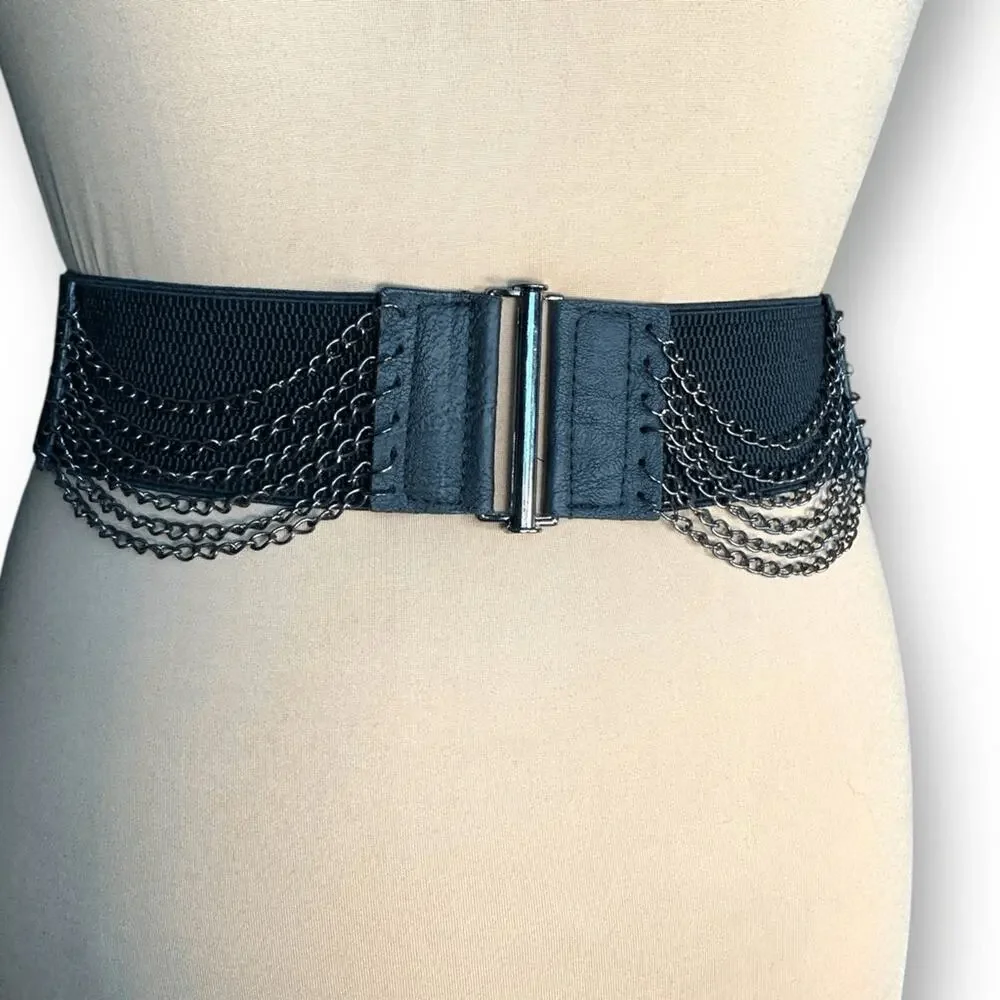 Vintage Y2K Black Leather Layered Chain Belt Festival Statement Edgy Accessory